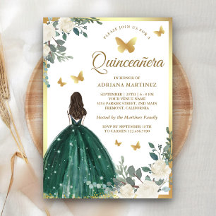 Smaragdgrön klänning fjäril guld Quinceanera Inbjudningar
