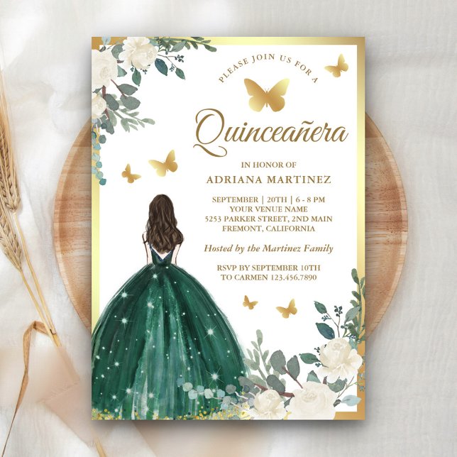 Smaragdgrön klänning fjäril guld Quinceanera Inbjudningar (Skapare uppladdad)