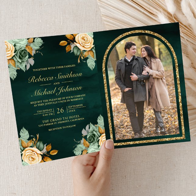 Smaragdgrön Kräm Blommig Guld QR-kod Foto Bröllop Inbjudan (Skapare uppladdad)