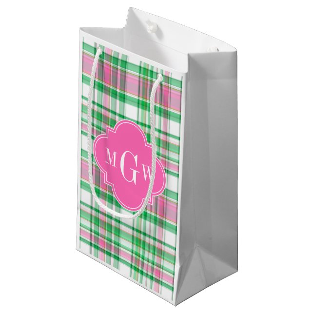 Smaragdgrön Ljusrosa Vit Preppy Madras Monogram (Framsidan Vinklad)