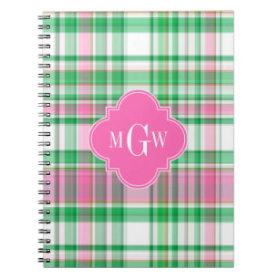 Smaragdgrön Ljusrosa Vit Preppy Madras Monogram Anteckningsbok Med Spiral