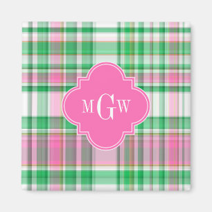 Smaragdgrön Ljusrosa Vit Preppy Madras Monogram Magnet