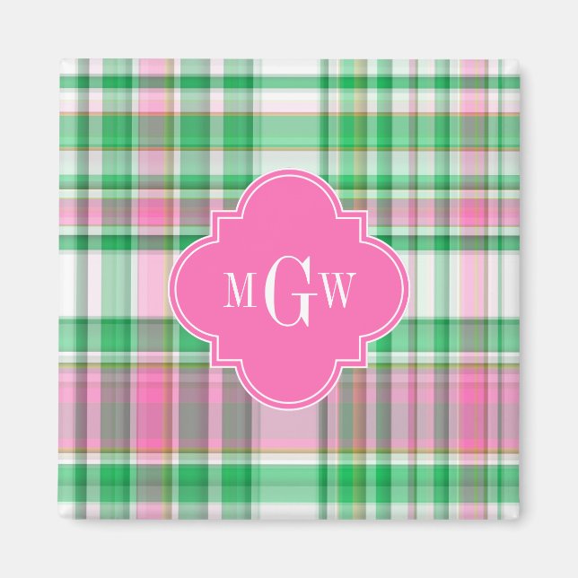 Smaragdgrön Ljusrosa Vit Preppy Madras Monogram Magnet (Framsidan)