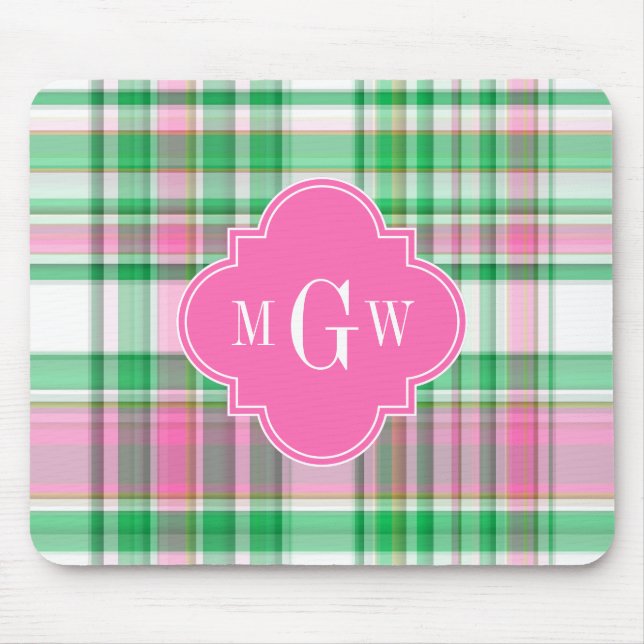 Smaragdgrön Ljusrosa Vit Preppy Madras Monogram Musmatta (Framsidan)