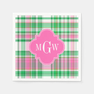 Smaragdgrön Ljusrosa Vit Preppy Madras Monogram Pappersservett