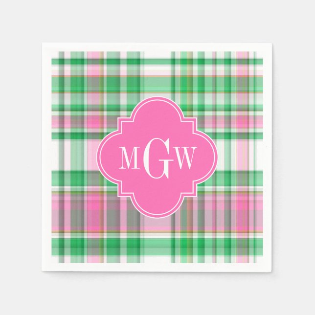 Smaragdgrön Ljusrosa Vit Preppy Madras Monogram Pappersservett (Framsidan)