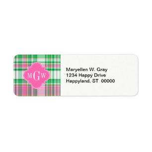 Smaragdgrön Ljusrosa Vit Preppy Madras Monogram Returadress Etikett