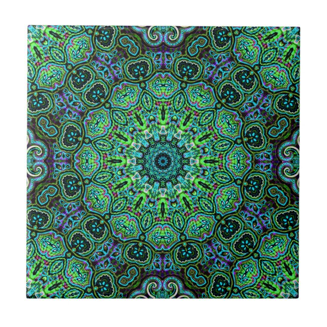 Smaragdgrön mandala-design kakelplatta (Framsidan)