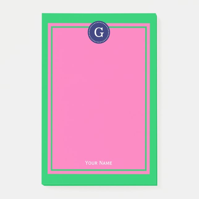 Smaragdgrön Marinblå Hetpink Infattad 1I Monogram Post-it Block (Framsida)