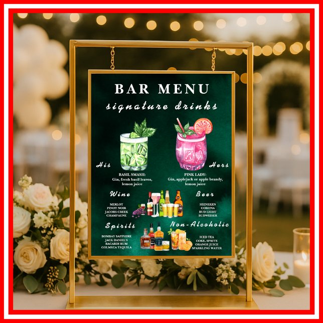 Smaragdgrön meny för bröllopsbar poster (Skapare uppladdad)
