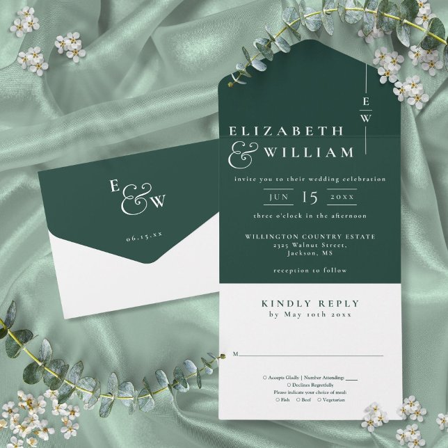 Smaragdgrön minimalistisk elegant monogram bröllop (Emerald Green Minimalist Elegant Monogram Wedding All In One Invitation)