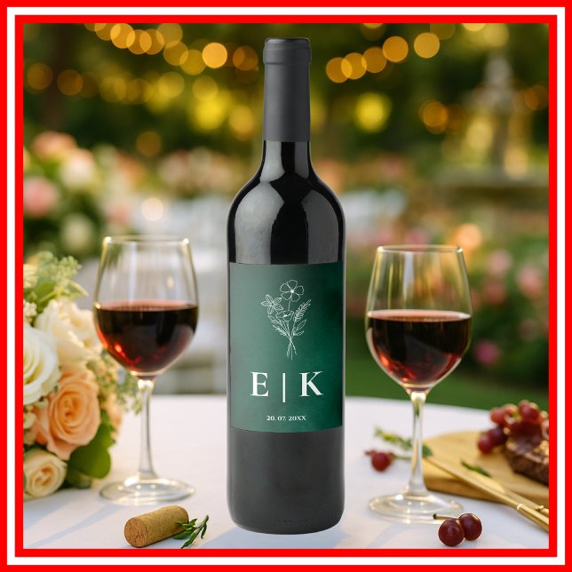 Smaragdgrön Monogram Vildblomma Bröllop Vinflaska Etikett (Skapare uppladdad)