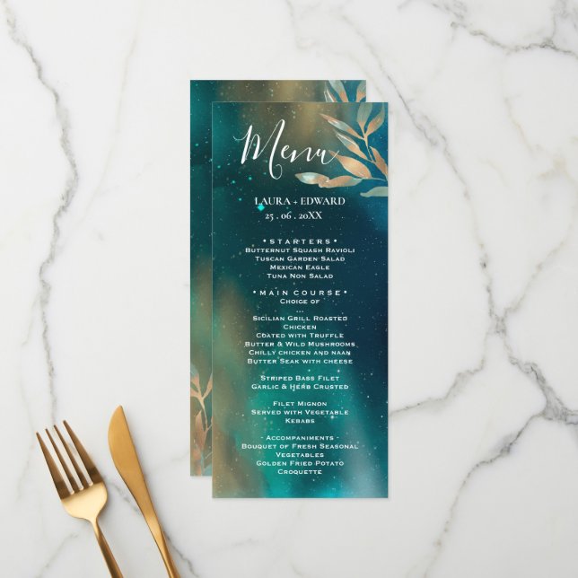 Smaragdgrön nebulosa galax natthimmel guld folie meny (Fram/Back In Situ)