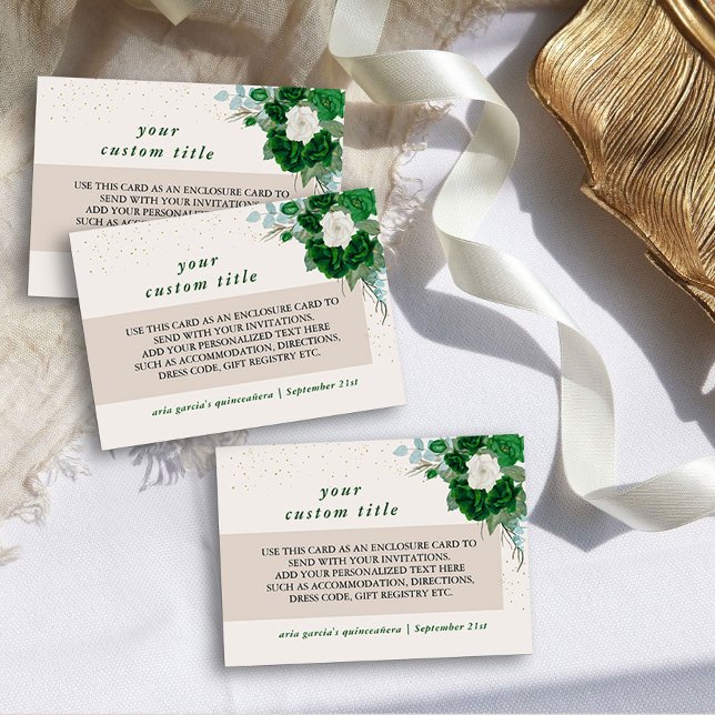 Smaragdgrön och Elfenbensros Anpassade detaljer Tilläggskort (Custom enclosure cards from the Royal Rose Emerald Green Quinceanera Collection by Darling & May)