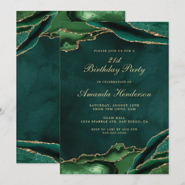 Smaragdgrön och guld Agate Marmor Inbjudningar (Fram/baksida)