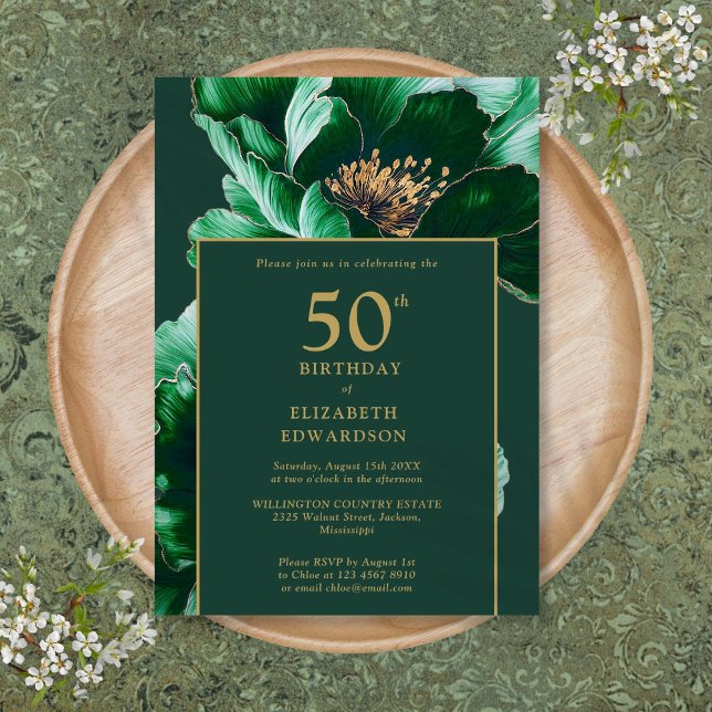 Smaragdgrön och guld Blommig Födelsedag Inbjudningar (Emerald Green And Gold Floral Birthday Invitation)