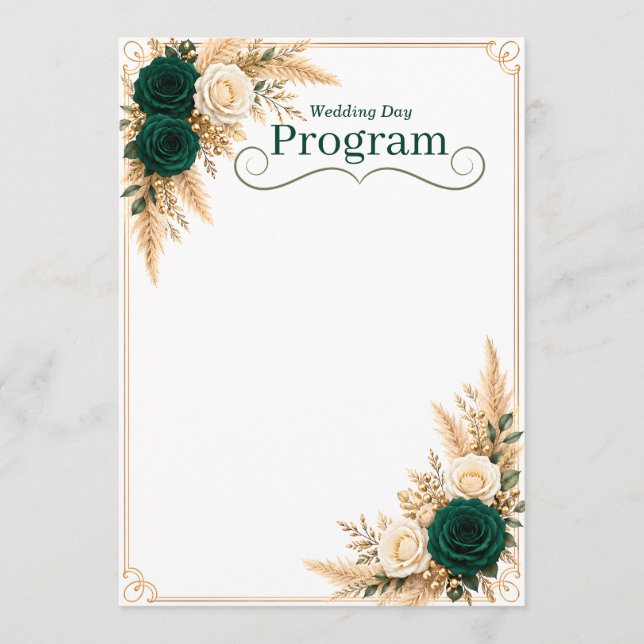 Smaragdgrön och guld bröllopsprogrammall program (Framsida)