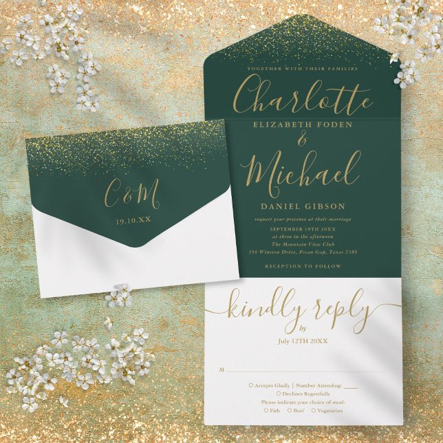 Smaragdgrön Och Guld Glitter Skrift Bröllop (Emerald Green And Gold Glitter Script Wedding All In One Invitation)