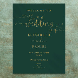 Smaragdgrön och guld hjärtskrift vigsel välkomstsk poster