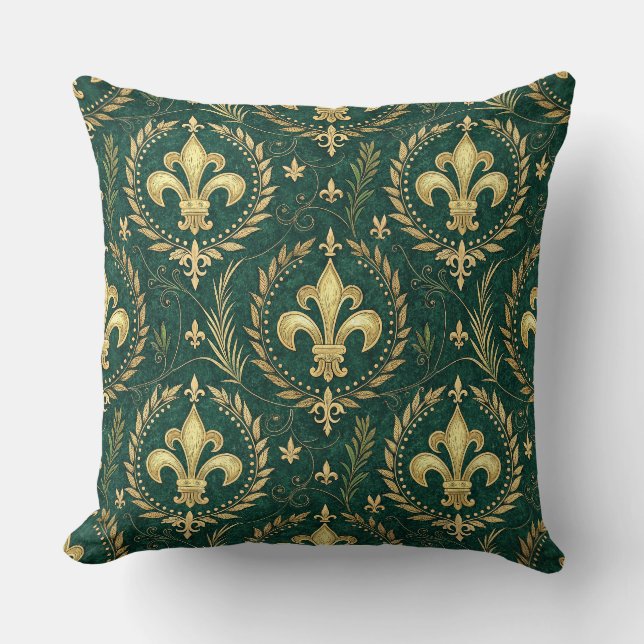 Smaragdgrön och guld Kronans Royal Damask-mönster Kudde (Framsida)