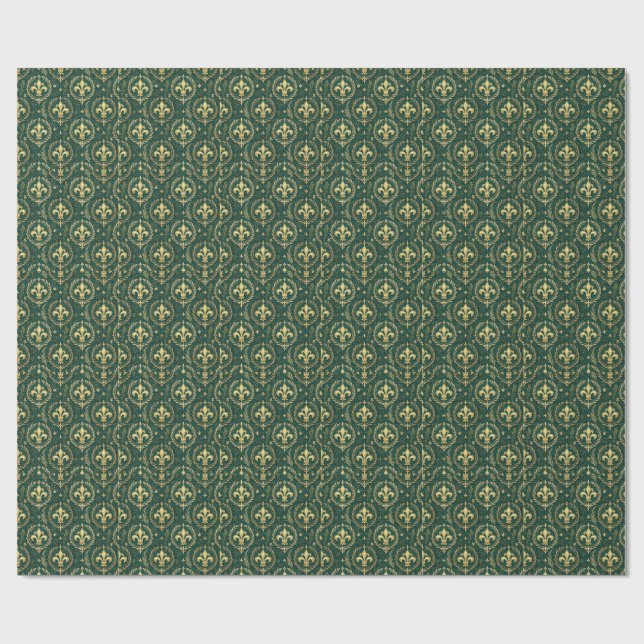 Smaragdgrön och guld Kronans Royal Damask-mönster Presentpapper (Platt)