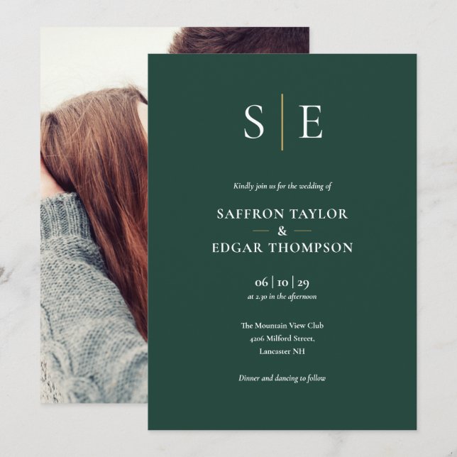 Smaragdgrön Och Guld Monogram Foto Bröllop Inbjudningar (Fram/baksida)
