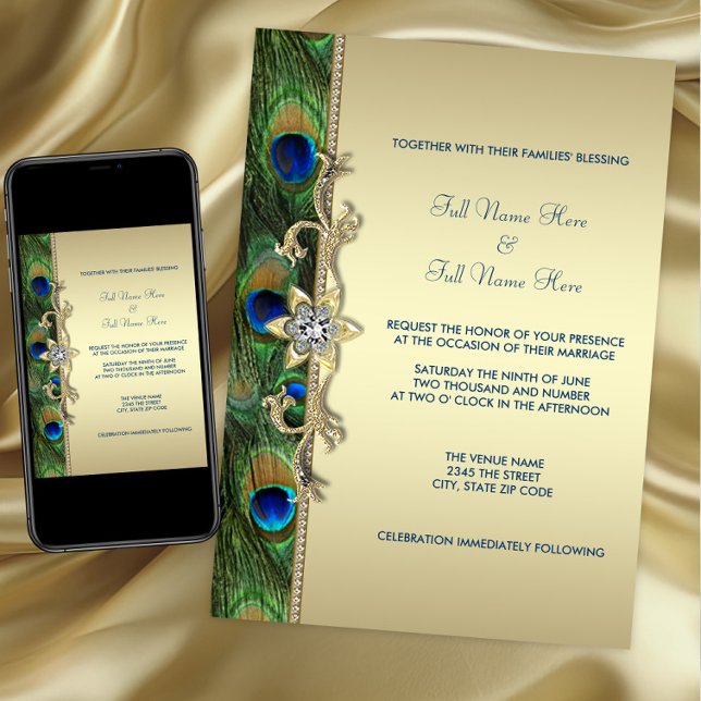 Smaragdgrön och guld Påfågel Bröllop Inbjudningar (Peacock wedding invitation. Available for instant download and printed. Gold peacock wedding invite)