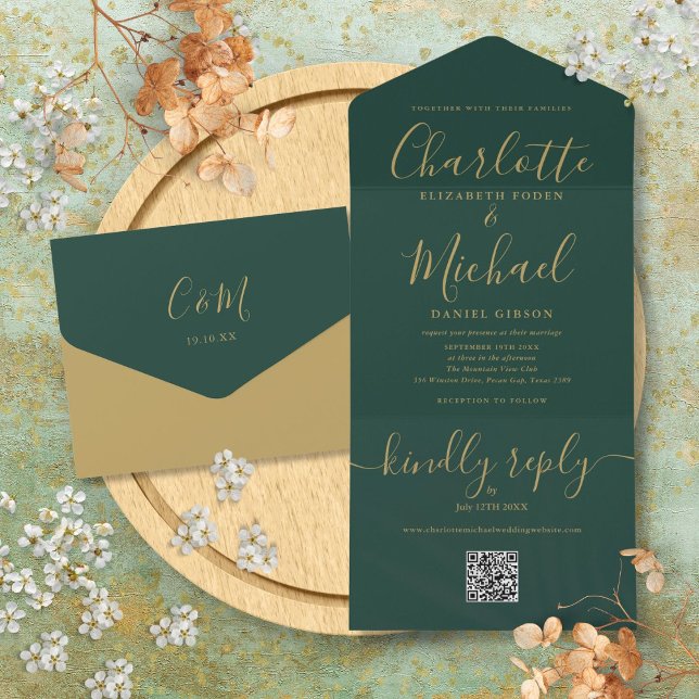 Smaragdgrön Och Guld QR-kod Bröllop (Emerald Green And Gold QR Code Wedding All In One Invitation)