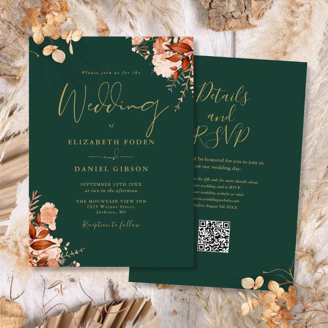 Smaragdgrön Och Guld QR-kod Höstbröllop Inbjudningar (Emerald Green And Gold QR Code Fall Wedding Invitation)
