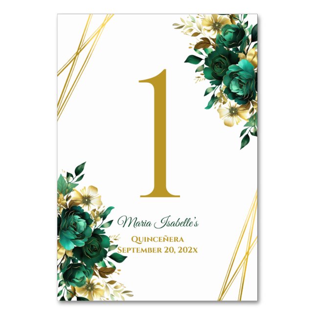 Smaragdgrön och guld Quinceñera bordskort (Framsidan)