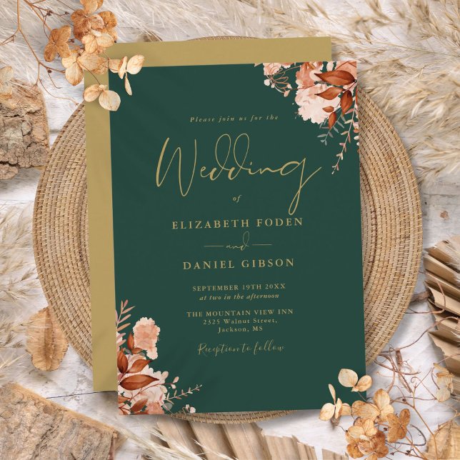 Smaragdgrön Och Guld Rustik Blommig Bröllop Inbjudningar (Emerald Green And Gold Rustic Floral Wedding Invitation)