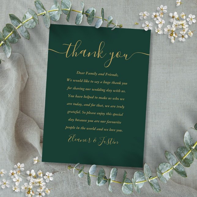 Smaragdgrön Och Guld Skrift Bröllop Tack Placeringskort (Emerald Green And Gold Script Wedding Thank You Place Card)