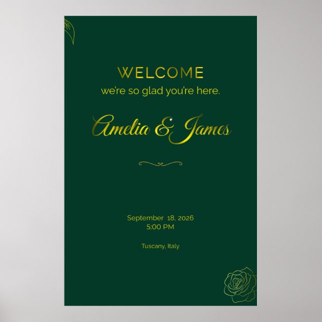 Smaragdgrön och guldblad vigsel välkomstskylt poster (Framsidan)
