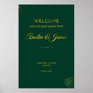 Smaragdgrön och guldbladig välkomstskylt för bröll poster
