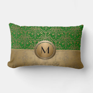 Smaragdgrön och guldmonogram damastdesign lumbarkudde
