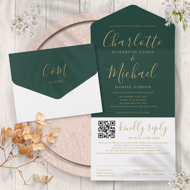 Smaragdgrön Och Guldskrift QR-kod Bröllop (Emerald Green And Gold Script QR Code Wedding All In One Invitation)
