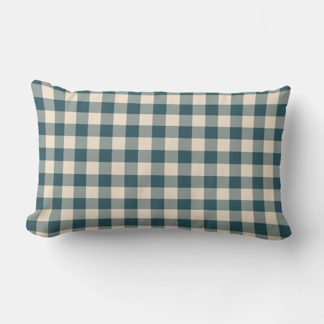 Smaragdgrön och offwhite gingham-mönster lumbarkudde (Framsida)