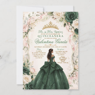 Smaragdgrön och rosablush Quinceañera Inbjudningar