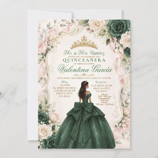 Smaragdgrön och rosablush Quinceañera Inbjudningar (Framsida)