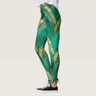 Smaragdgrön palmblad ljus gyllene djungel leggings