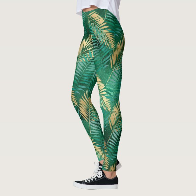 Smaragdgrön palmblad ljus gyllene djungel leggings (Vänster)