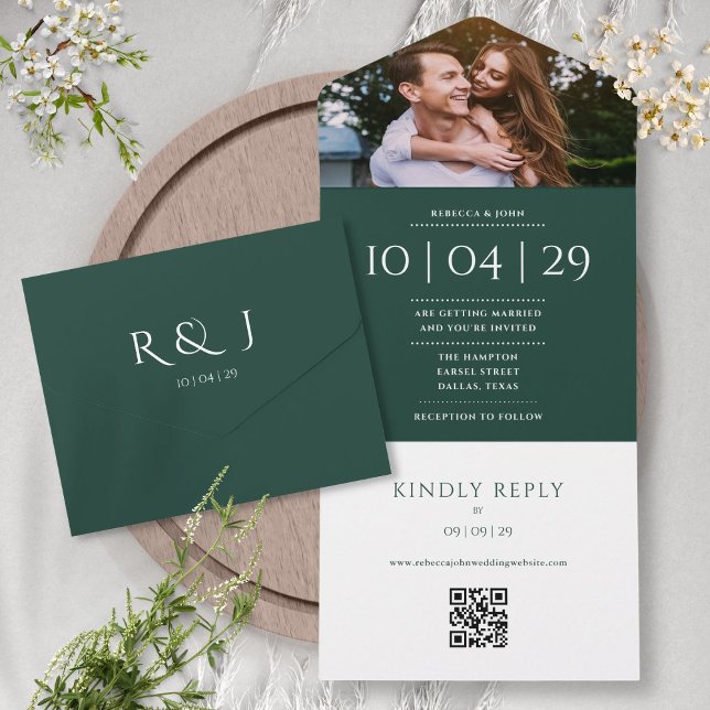 Smaragdgrön QR-kod för foto bröllopsdatum (Emerald Monogram QR Code Photo Wedding Date All In One Invitation)