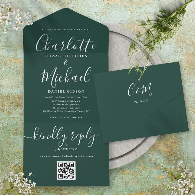 Smaragdgrön QR-kod skript minimalistisk bröllop (Emerald Green QR Code Script Minimalist Wedding All In One Invitation)