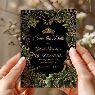 Smaragdgrön Quinceañera Guldtiara Fjäril Spara Datumet