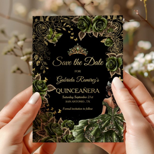 Smaragdgrön Quinceañera Guldtiara Fjäril Spara Datumet (Skapare uppladdad)