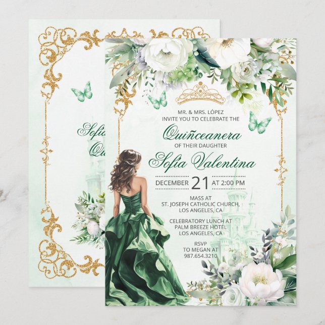 Smaragdgrön Quinceañera-inbjudan Inbjudningar (Fram/baksida)