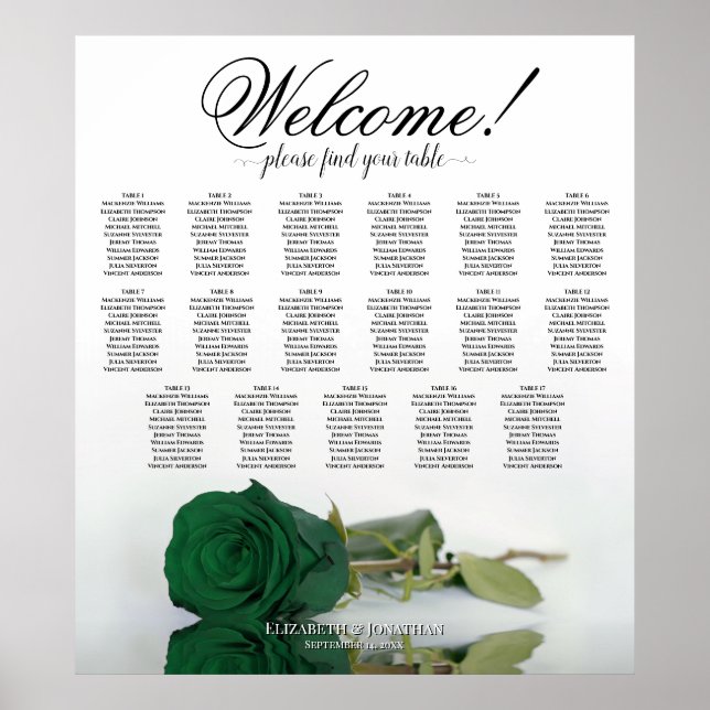 Smaragdgrön Ros Elegant 17 Bord Placeringsplan Poster (Framsidan)