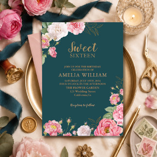 Smaragdgrön Rosa Blommig Sweet 16 Födelsedag Inbjudningar