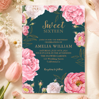 Smaragdgrön Rosa Blommig Sweet 16 Födelsedag Inbjudningar