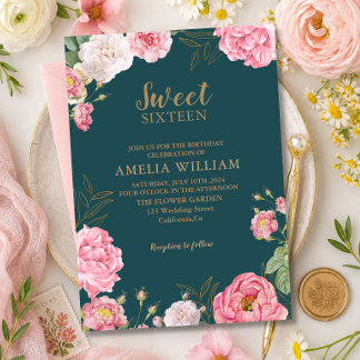 Smaragdgrön Rosa Blommig Sweet 16 Födelsedag Inbjudningar